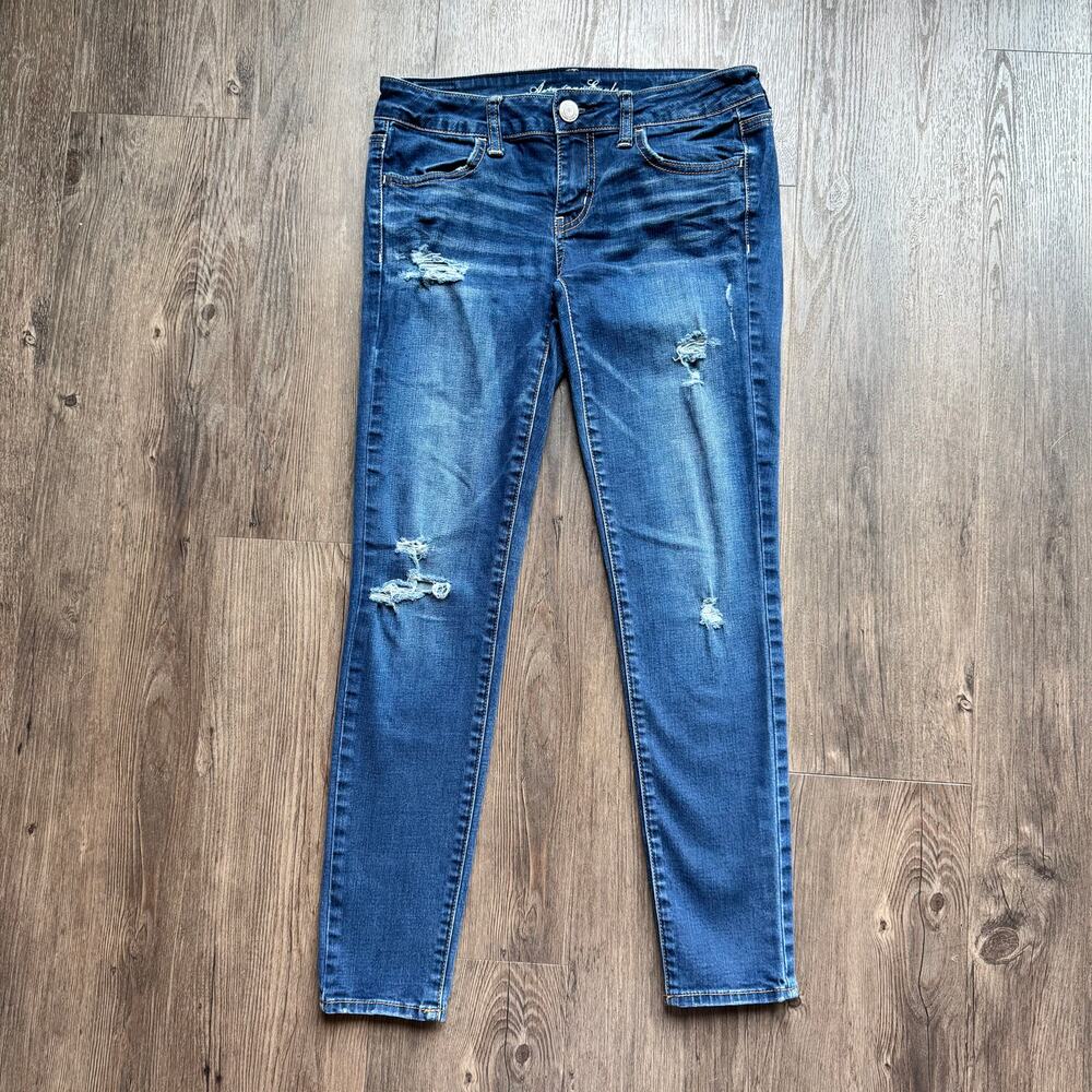AMERICAN EAGLE Super Stretch Jegging Women 4Short Distressed Low Rise Blue Jeans